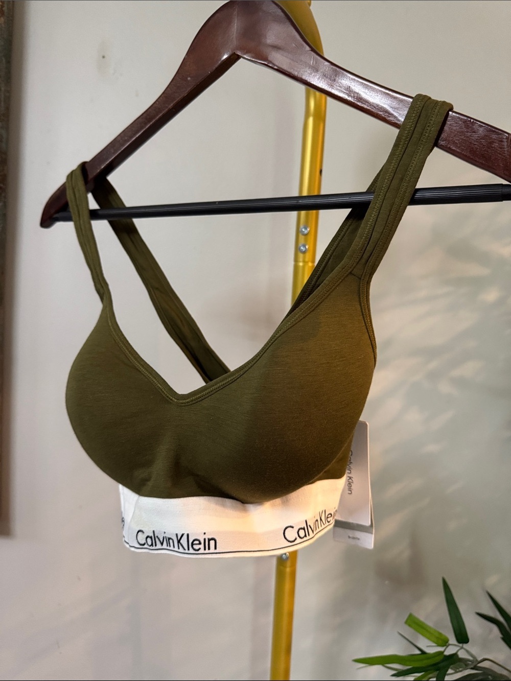Calvin Klein Olive Wireless Padded Bralette with White Logo Band NWT L